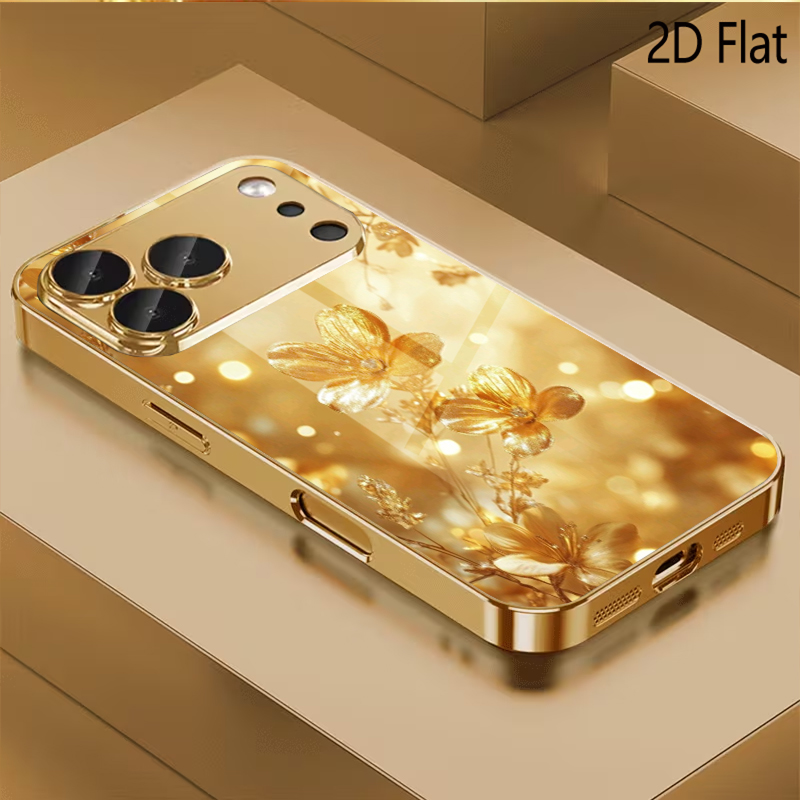 Phone Cases H&M - 金色の花柄強化ガラスデザインのiPhone16 17 ProMax 1514 1312 11ProMax用スマホケース