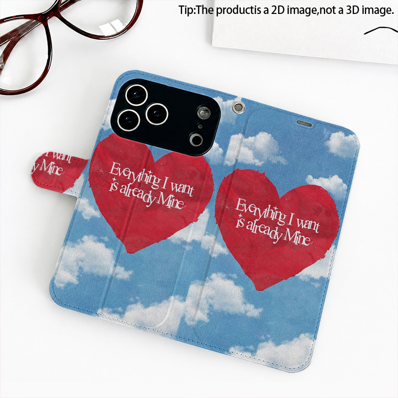 Flip Leather Case - クラウドレッドハート柄の2Dフリップカバー、iPhone 17/16/15/14/13/12/11 Pro Max用、折りたたみ式スタンド付き、人工皮革製。