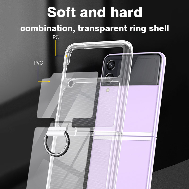 Flip Leather Case - サムスンギャラクシーZフリップフォールド5/4/3用耐衝撃透明ケース、内蔵メタル製フィンガーリングホルダー、落下防止折りたたみ式カバー、新製品