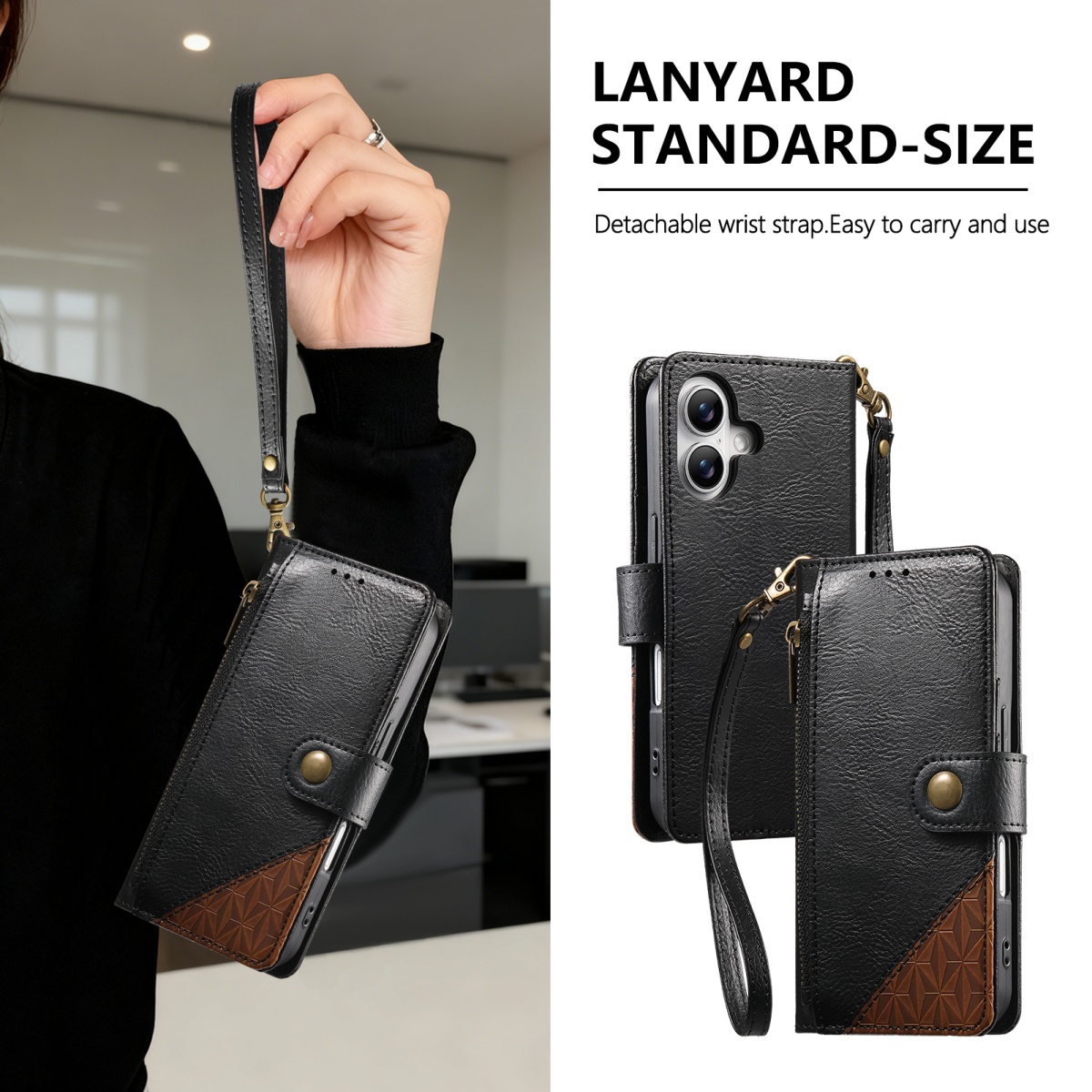 Flip Leather Case - PUレザー製ジッパー付きリストストラップフリップウォレットカードスロット付きスマホケース Samsung Galaxy S25 Plus S24