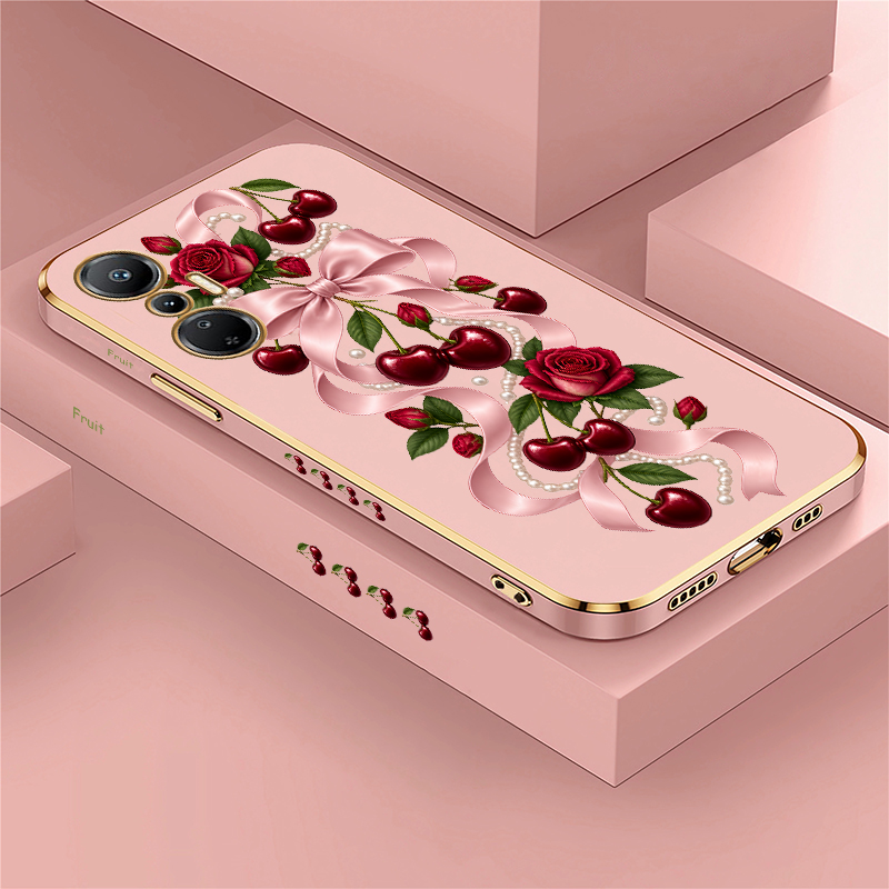 Luxury Plating Case - 高級ワインレッドチェリーパターンのテクノカモン20プロ、19ネオ、17、16S、15エアポップ8用耐傷性メッキTPUカバー