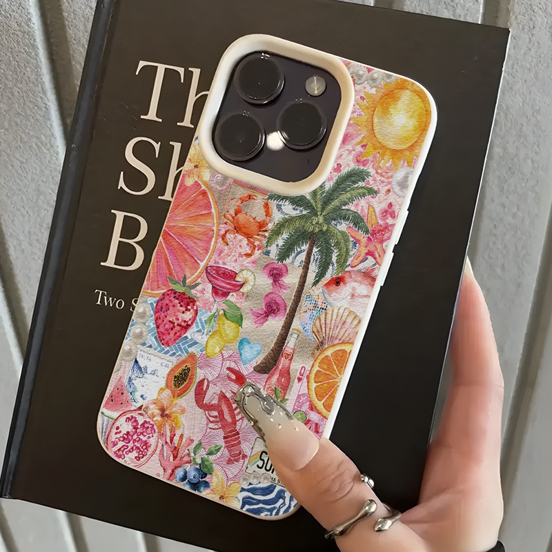 Phone Cases Beach - 夏のビーチパーティーコラージュ柄ライチテクスチャスマホケース iPhone 11 12 13 14
