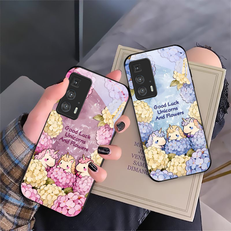 Phone Cases Moto G - かわいいピンクのユニコーン柄のガラス製スマホケース Motorola Moto Edge 20 Lite、30