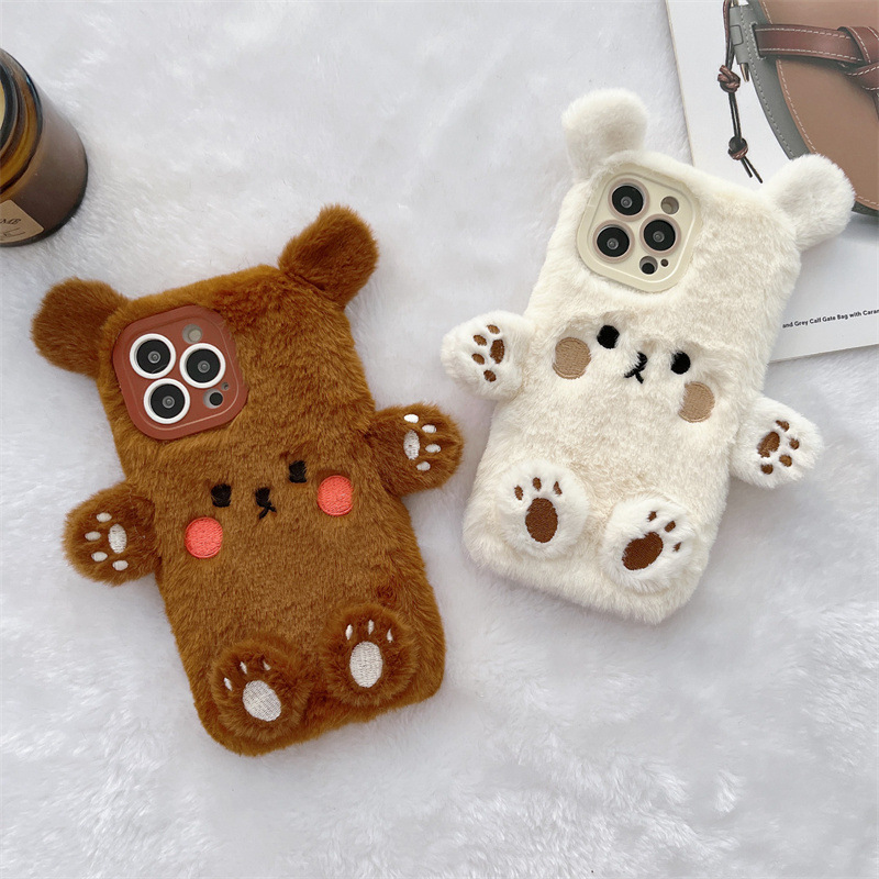 韓国の3D漫画風クマのふわふわぬいぐるみカップル携帯ケース  - Phone Cases Iphone 15 のレビューと価格