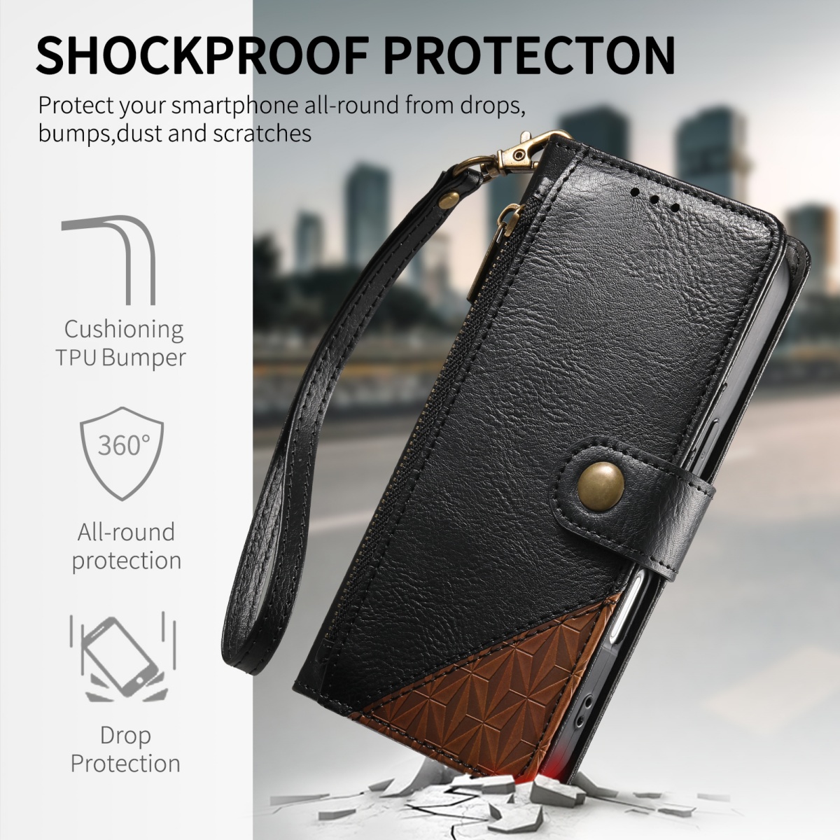 PUレザー製ジッパー付きリストストラップフリップウォレットカ - Flip Leather Case のレビューと価格