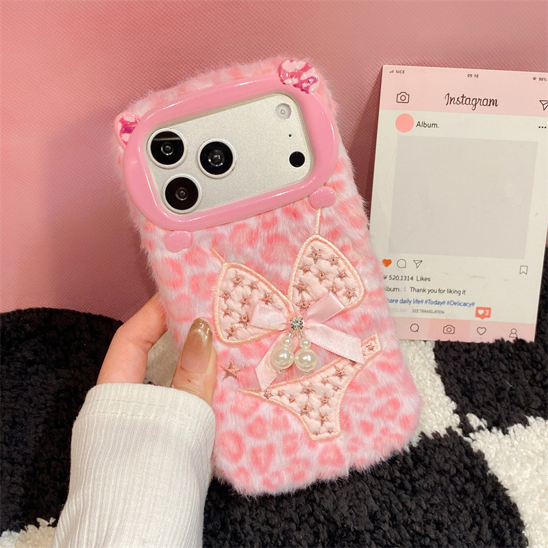 高級感のあるレオパード柄ビキニプリントのぬいぐるみ風スマホケ - Phone Cases Iphone 15 のレビューと価格
