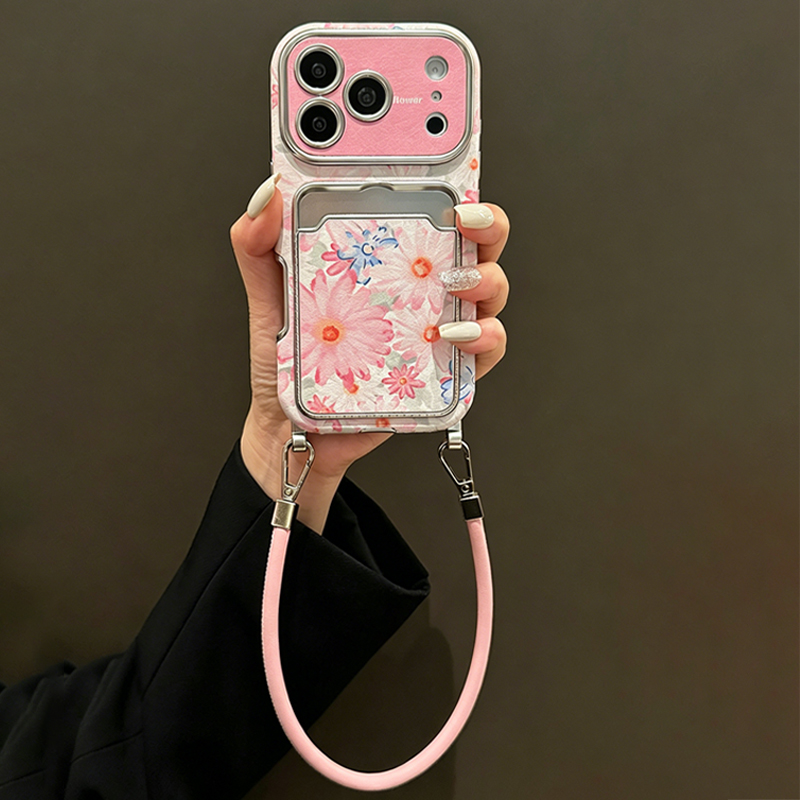 ピンクの花柄フェイクレザー風カードホルダー付きスマホケース、 - Phone Cases With Card Holder のレビューと価格